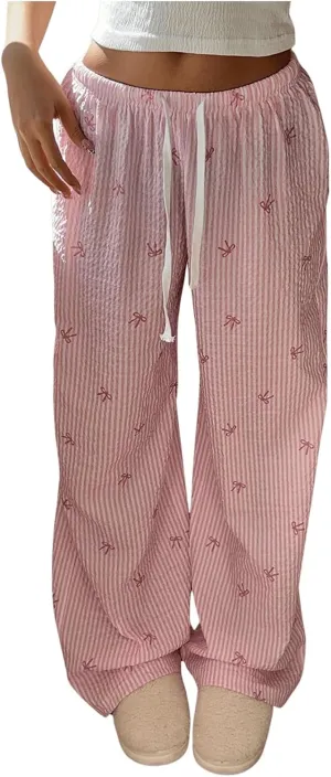MakeMeChic Women's Y2K Bow Striped Pants Elastic Waist Pants Drawstring Straight Leg Trousers