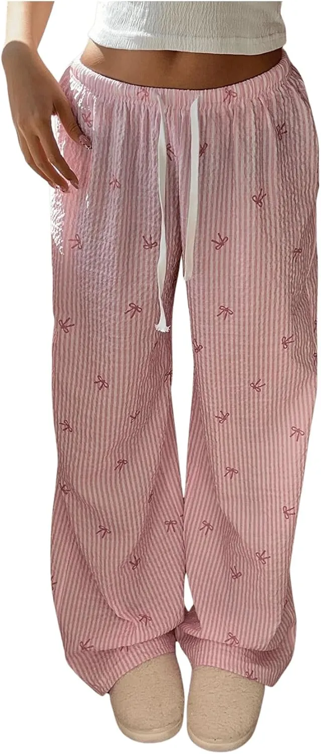 MakeMeChic Women's Y2K Bow Striped Pants Elastic Waist Pants Drawstring Straight Leg Trousers