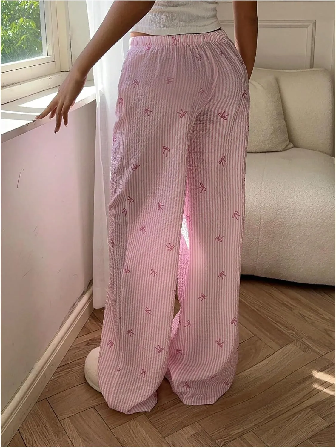 MakeMeChic Women's Y2K Bow Striped Pants Elastic Waist Pants Drawstring Straight Leg Trousers
