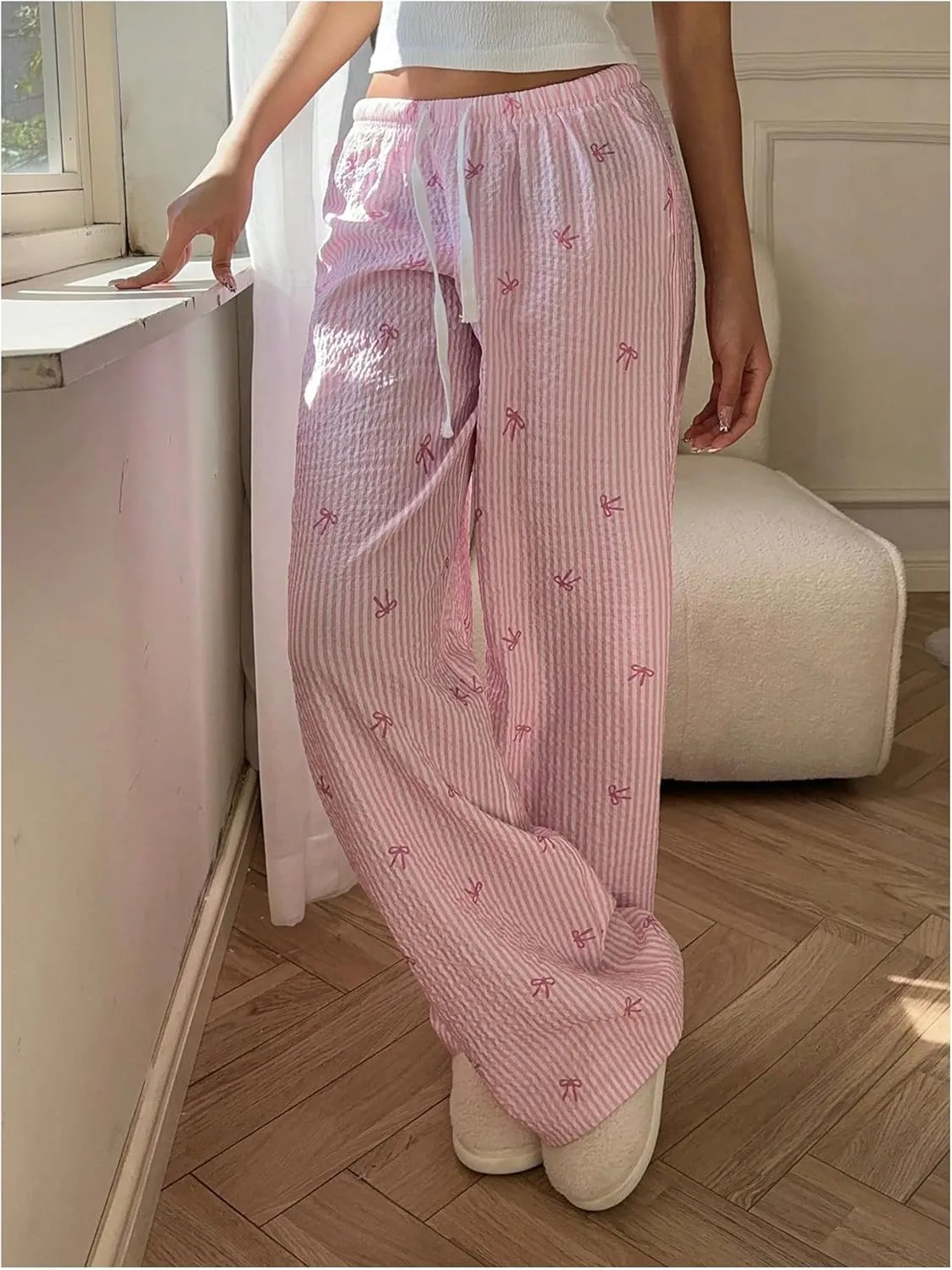MakeMeChic Women's Y2K Bow Striped Pants Elastic Waist Pants Drawstring Straight Leg Trousers