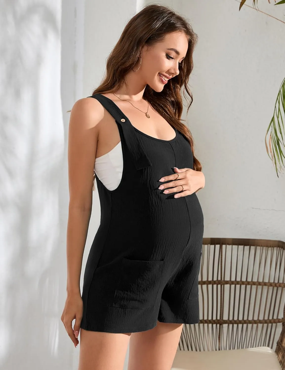 Maternity Overall Shorts Summer Casual Button Sleeveless Jumpsuits Romper with Pockets