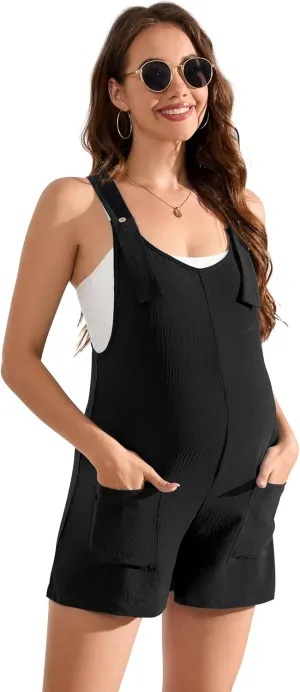 Maternity Overall Shorts Summer Casual Button Sleeveless Jumpsuits Romper with Pockets