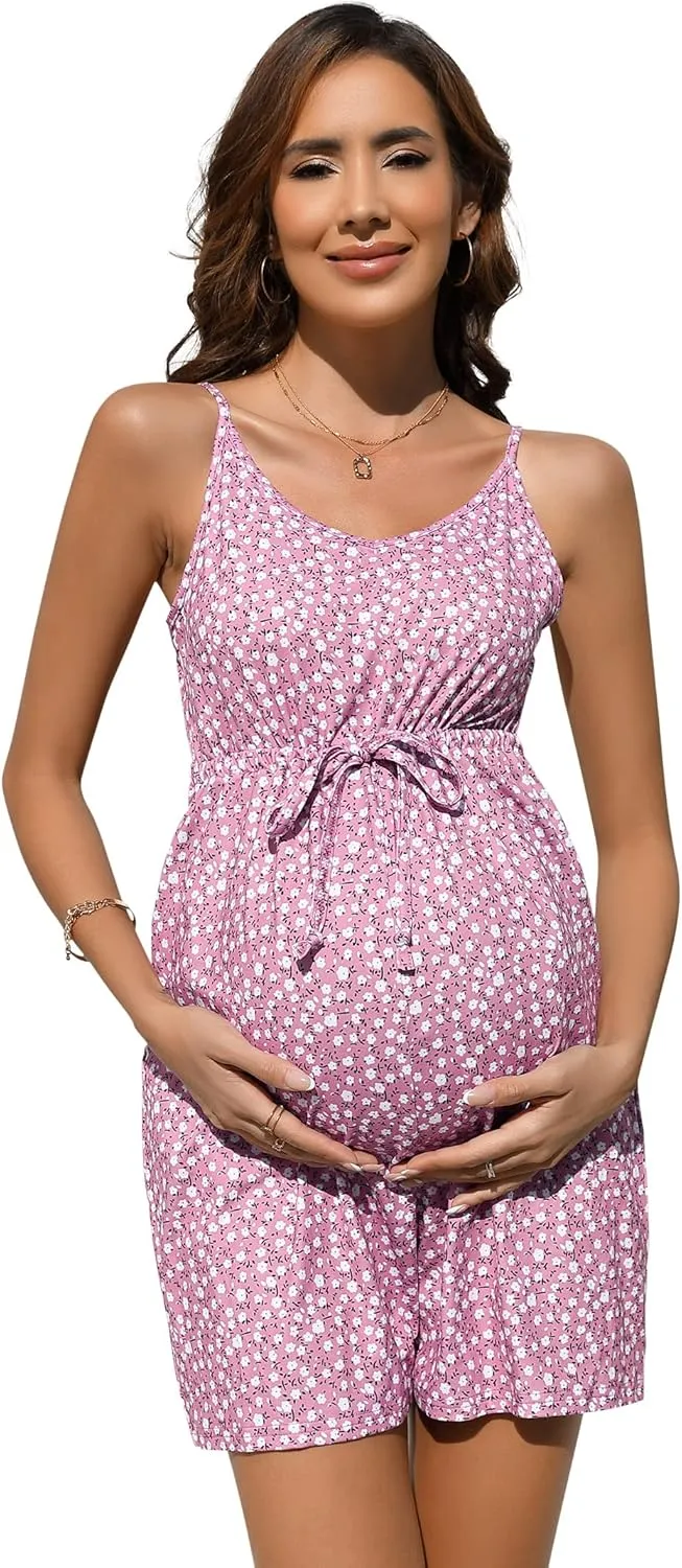 Maternity Romper Shorts Womens Casual Spaghetti Strap Maternity Jumpsuits Tie Waist Tank Top Short Romper Pajama