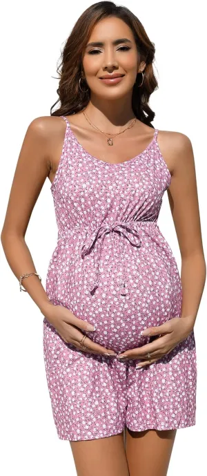 Maternity Romper Shorts Womens Casual Spaghetti Strap Maternity Jumpsuits Tie Waist Tank Top Short Romper Pajama