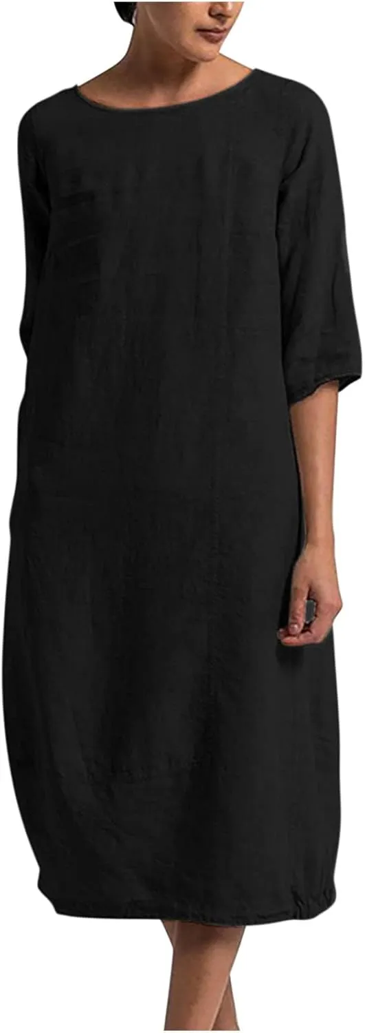 Maxi Dress for Women Summer Cotton Linen T Shirt Dress Half Sleeve Loose Crew Neck Maxi Long Flowy Beach Dresses