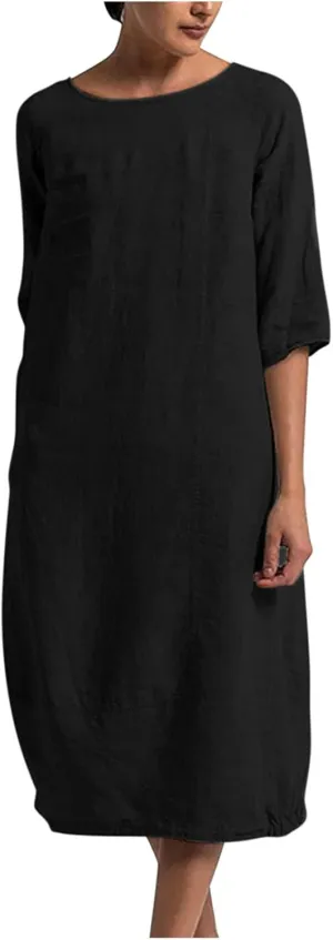 Maxi Dress for Women Summer Cotton Linen T Shirt Dress Half Sleeve Loose Crew Neck Maxi Long Flowy Beach Dresses