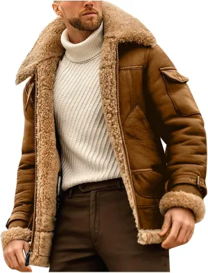 Men Thicken Overcoat Lapel Leather Zip Up Winter Warm Jacket Solid Long Sleeve Mid Length Oversize Windbreaker Coat