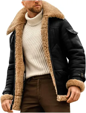 Men Thicken Overcoat Lapel Leather Zip Up Winter Warm Jacket Solid Long Sleeve Mid Length Oversize Windbreaker Coat