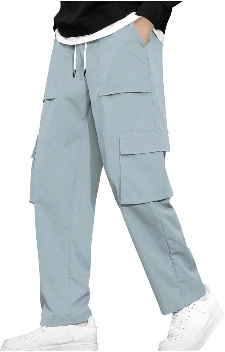Men Work Pants Elastic Waist Cargo Pants Straight Leg Chino Track Pants Drawstring Athletic Pants with Multi-Pockets