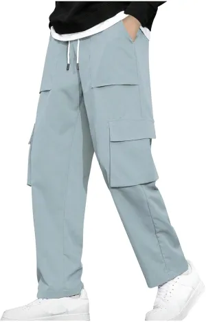 Men Work Pants Elastic Waist Cargo Pants Straight Leg Chino Track Pants Drawstring Athletic Pants with Multi-Pockets