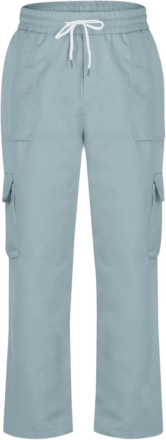 Men Work Pants Elastic Waist Cargo Pants Straight Leg Chino Track Pants Drawstring Athletic Pants with Multi-Pockets
