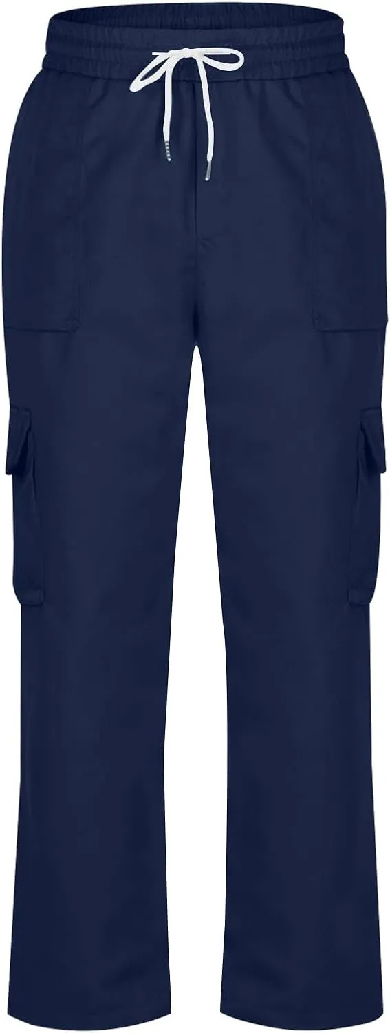 Men Work Pants Elastic Waist Cargo Pants Straight Leg Chino Track Pants Drawstring Athletic Pants with Multi-Pockets