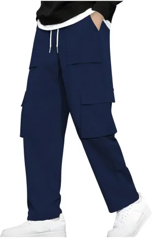 Men Work Pants Elastic Waist Cargo Pants Straight Leg Chino Track Pants Drawstring Athletic Pants with Multi-Pockets