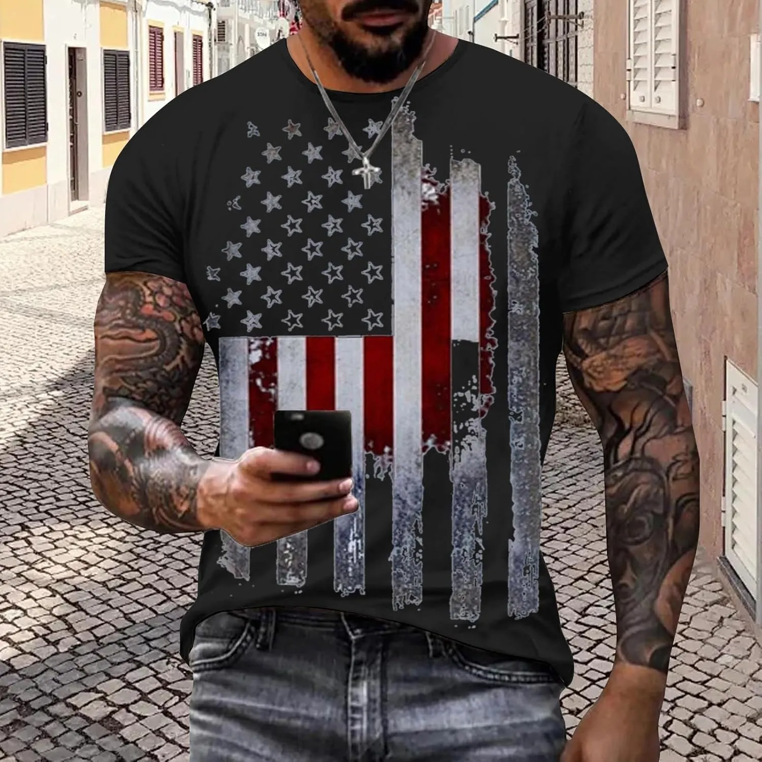 Men's 2024 Flag Shirt USA Flag Graphic 4th of July T-Shirt Crewneck Casual American Patriotic Golf Shirts for Men