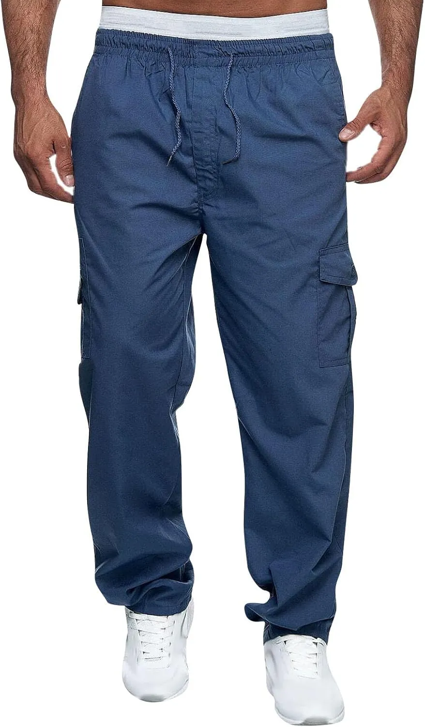 Mens Cargo Pants Relaxed Fit Elastic Waist Pants Straight Leg Chinos Pants High Waisted Track Pants with Pockets