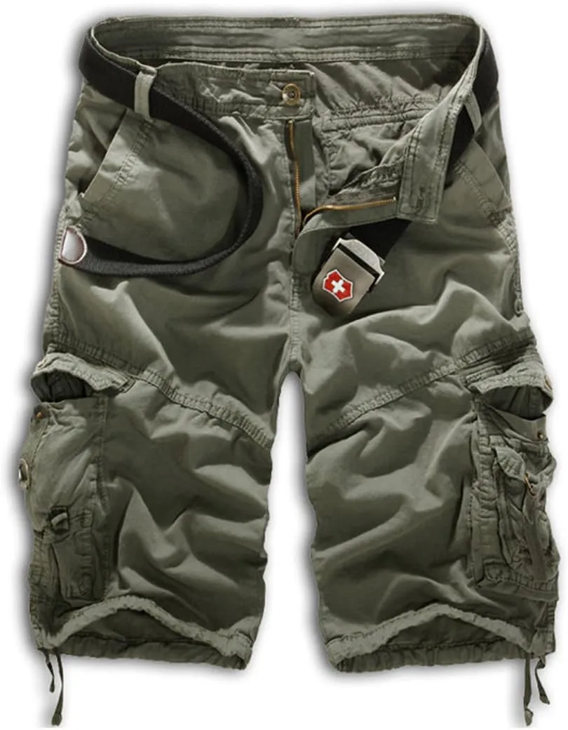 Mens Casual Slim Fit Cotton Solid Multi-Pocket Cargo Camouflage Shorts