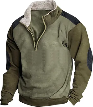 Mens Corduroy Pullover Buttons Up Stand Collar Long Sleeve Sweatshirt Color Block Shirts Sport Military Winter Outwear