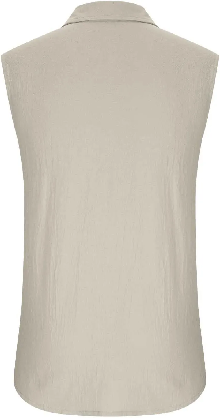 Men's Cotton Linen Workout Tank Tops Button Down Lapel Sleeveless Gym Muscle T Shirts Casual Breathable Summer Tanks