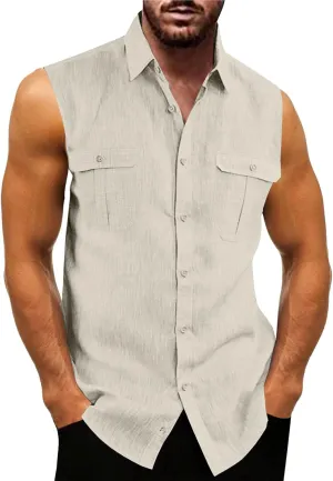 Men's Cotton Linen Workout Tank Tops Button Down Lapel Sleeveless Gym Muscle T Shirts Casual Breathable Summer Tanks