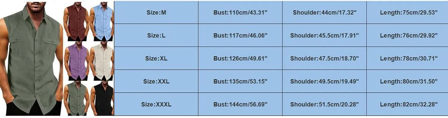 Men's Cotton Linen Workout Tank Tops Button Down Lapel Sleeveless Gym Muscle T Shirts Casual Breathable Summer Tanks