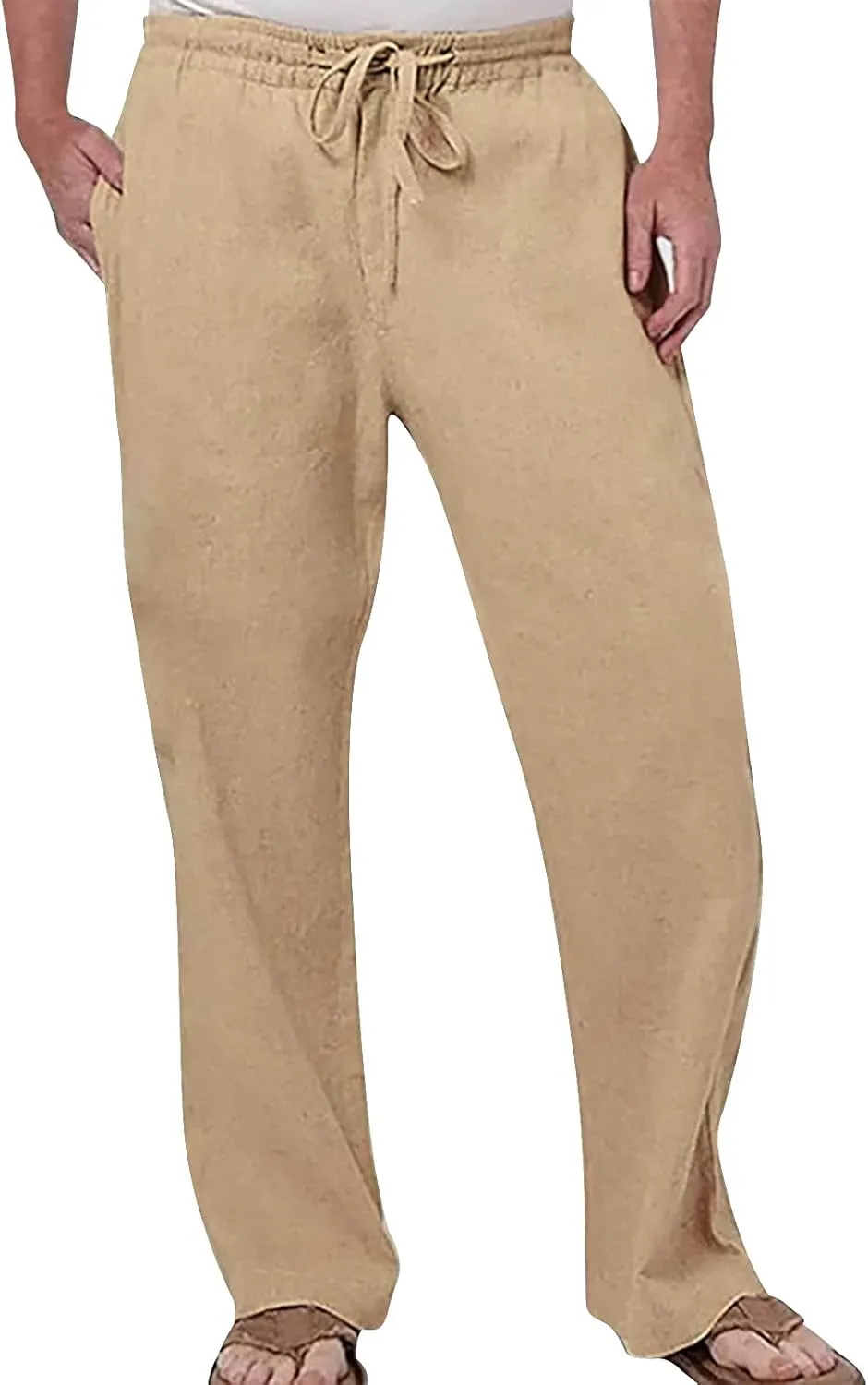 Mens Cotton Pants Casual Elastic Waist Drawstring Lightweight Summer Beach Trousers with Pockets, Tactical Pants for Men