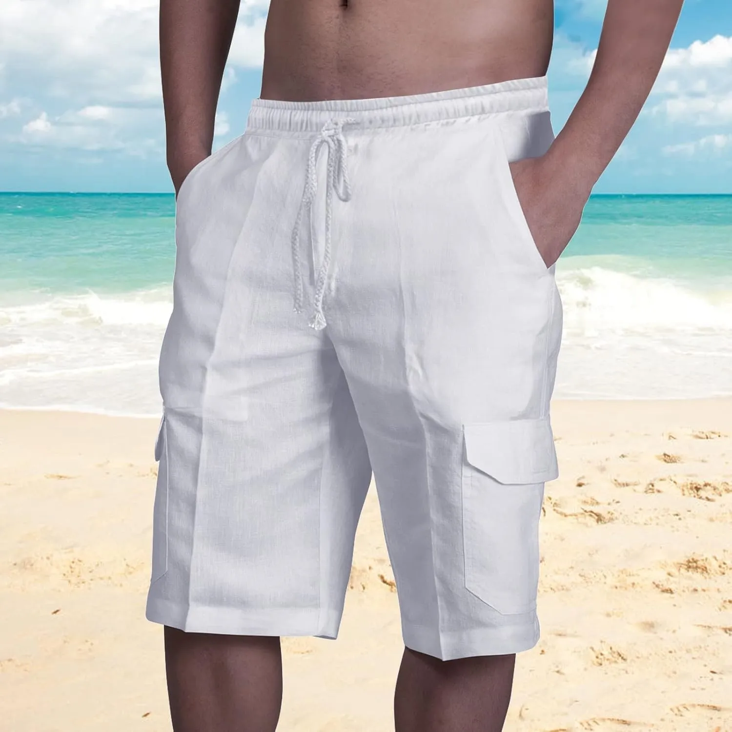 Mens Hiking Cargo Shorts 2025 Lightweight Casual Cotton Linen Pant Elastic Waist Drawstring Summer Relaxed Fit Short