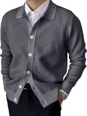 Men's Lapel Knitted Open Sweater Button Down Solid Knitwear Fall Warm Tops Long Sleeve V Neck Cardigans