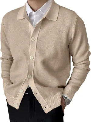Men's Lapel Knitted Open Sweater Button Down Solid Knitwear Fall Warm Tops Long Sleeve V Neck Cardigans