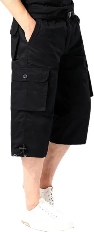 Men's Long Cargo Shorts Casual Twill Elastic Below Knee Capri Shorts Relaxed Fit 3/4 Capri Pants with Multi Pockets