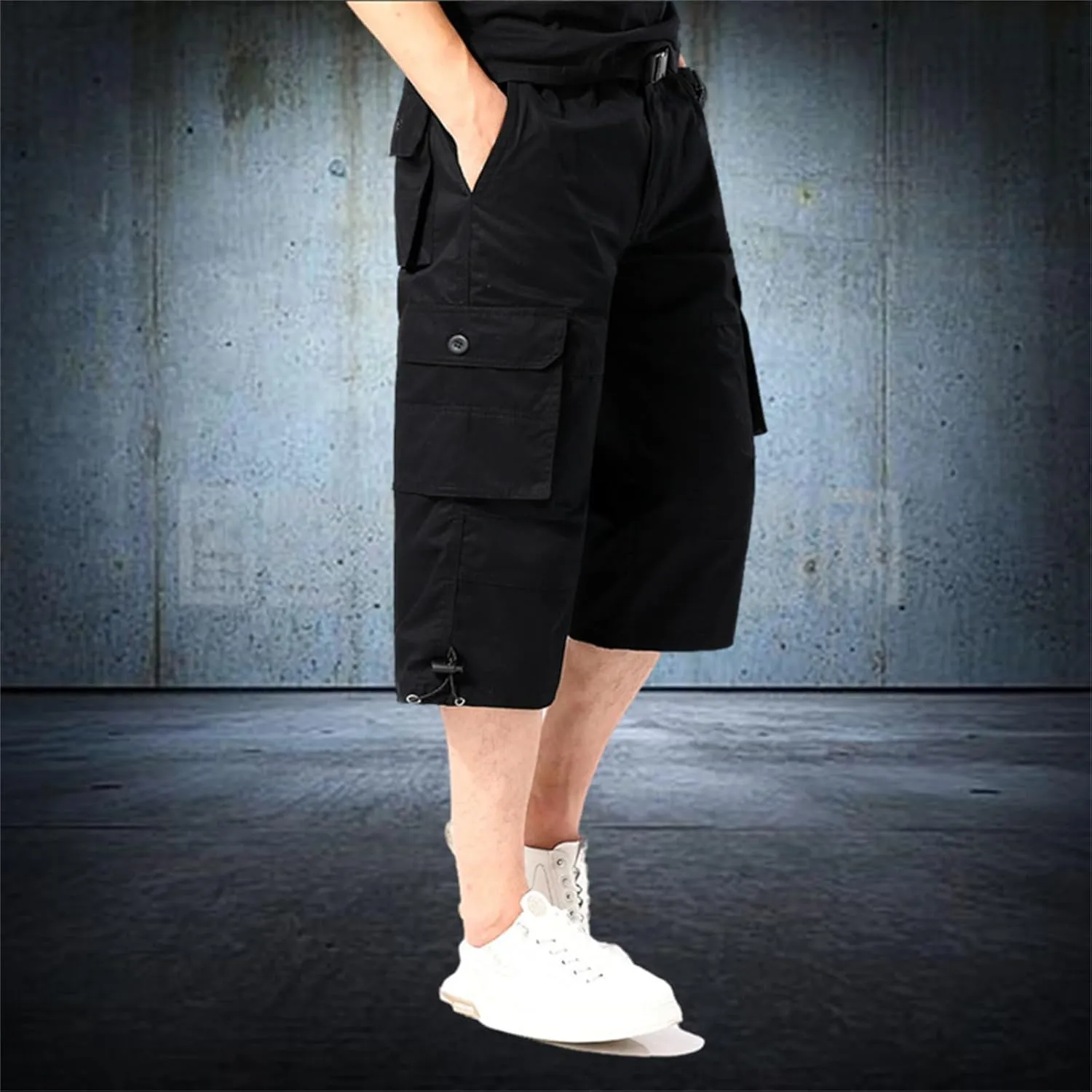 Men's Long Cargo Shorts Casual Twill Elastic Below Knee Capri Shorts Relaxed Fit 3/4 Capri Pants with Multi Pockets