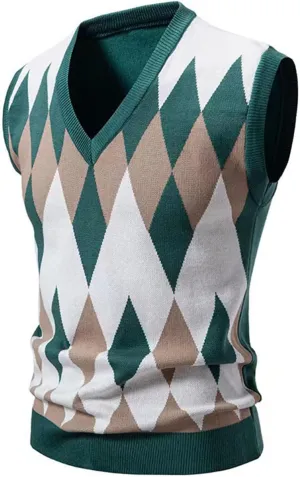 Men's Pullover Sweater Vest Sleeveless V-Neck Slim Fit Color Blocks Argyle Sweaters Vests Winter Warm Waistcoat