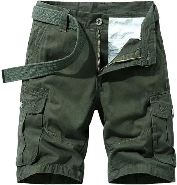 Men's Summer Baggy Multi Pocket Military Cargo Shorts Cotton Khaki No Belt