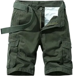 Men's Summer Baggy Multi Pocket Military Cargo Shorts Cotton Khaki No Belt