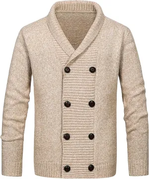 Men'sDouble Breasted Cable Knit Sweater Button Down Shawl Collar Cardigans Chunky Comfortable Knit Cardigan