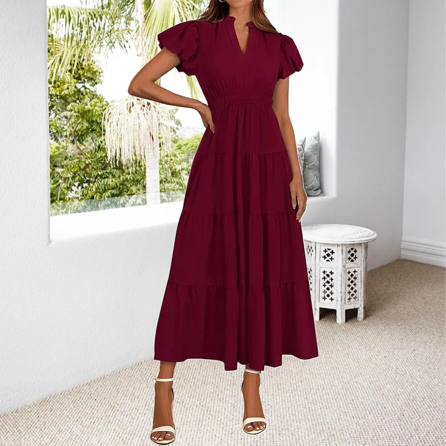 Midi Dresses for Women Casual Summer Maxi Dress Long V Neck A Line Dress Short Sleeve Boho Beach Sundress Pockets