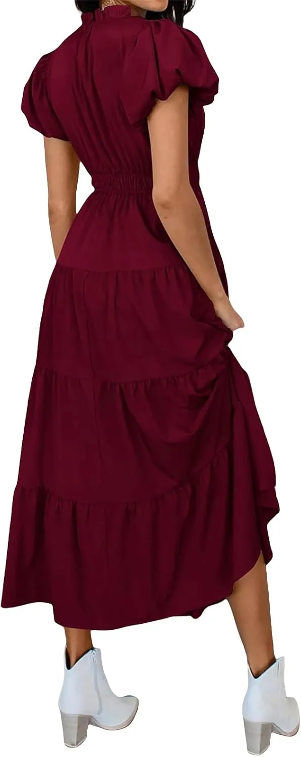 Midi Dresses for Women Casual Summer Maxi Dress Long V Neck A Line Dress Short Sleeve Boho Beach Sundress Pockets