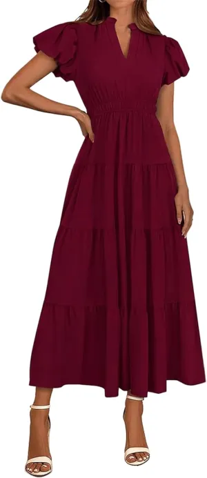 Midi Dresses for Women Casual Summer Maxi Dress Long V Neck A Line Dress Short Sleeve Boho Beach Sundress Pockets
