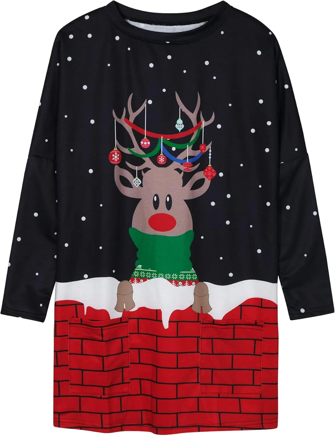 MOUSYA Women Dress Shirt Christmas Long Sleeve Tops Santa Printed Pullover Loose Plus Size T-Shirt Blouse with Pockets