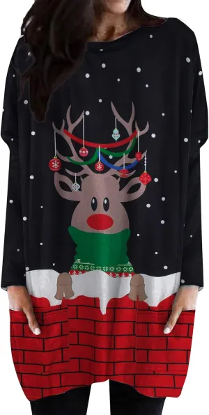 MOUSYA Women Dress Shirt Christmas Long Sleeve Tops Santa Printed Pullover Loose Plus Size T-Shirt Blouse with Pockets