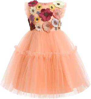 OBEEII Toddler Girls 3D Flower Tulle Dress Wedding Flower Girl Dress Birthday Party Formal Baptism Pageant Ball Gown
