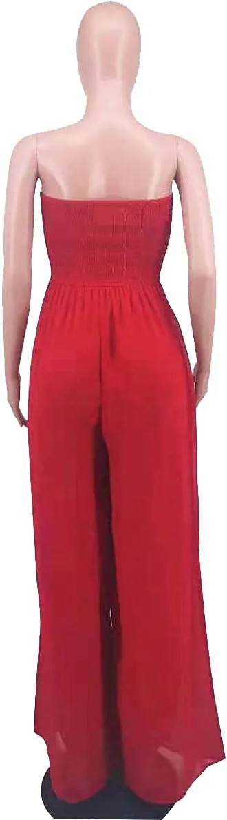 Ophestin Women's Strapless Tube Wide Leg Jumpsuits Smocked Women Jumpsuits Dressy Casual Flowy One Piece Jumpsuits Rompers