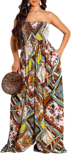 Ophestin Women's Strapless Tube Wide Leg Jumpsuits Smocked Women Jumpsuits Dressy Casual Flowy One Piece Jumpsuits Rompers