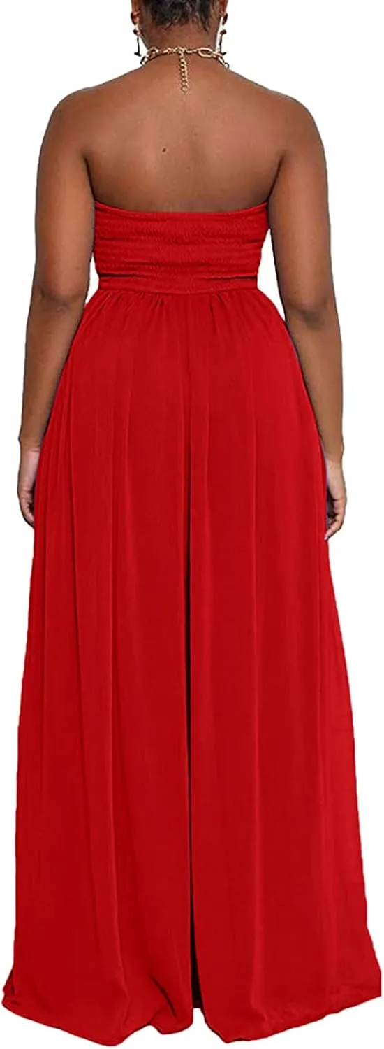 Ophestin Women's Strapless Tube Wide Leg Jumpsuits Smocked Women Jumpsuits Dressy Casual Flowy One Piece Jumpsuits Rompers