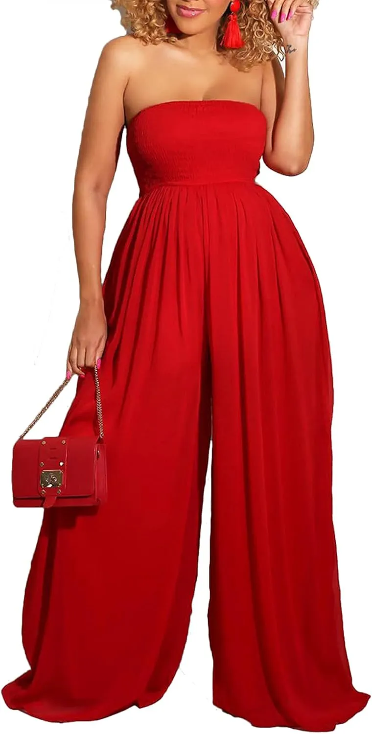 Ophestin Women's Strapless Tube Wide Leg Jumpsuits Smocked Women Jumpsuits Dressy Casual Flowy One Piece Jumpsuits Rompers