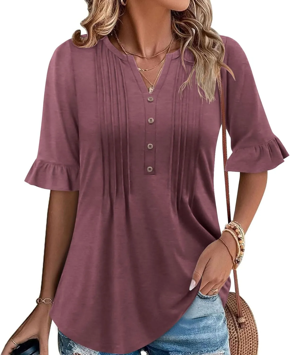 Oplxuo Womens Button Down Shirts Ruffle Short Sleeve V-Neck Pleated Front Tunic Tops Dressy Casual Work Blouses