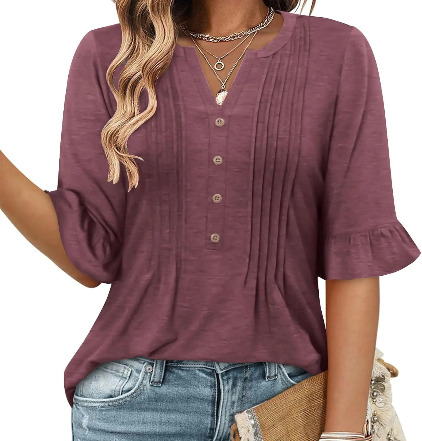 Oplxuo Womens Button Down Shirts Ruffle Short Sleeve V-Neck Pleated Front Tunic Tops Dressy Casual Work Blouses