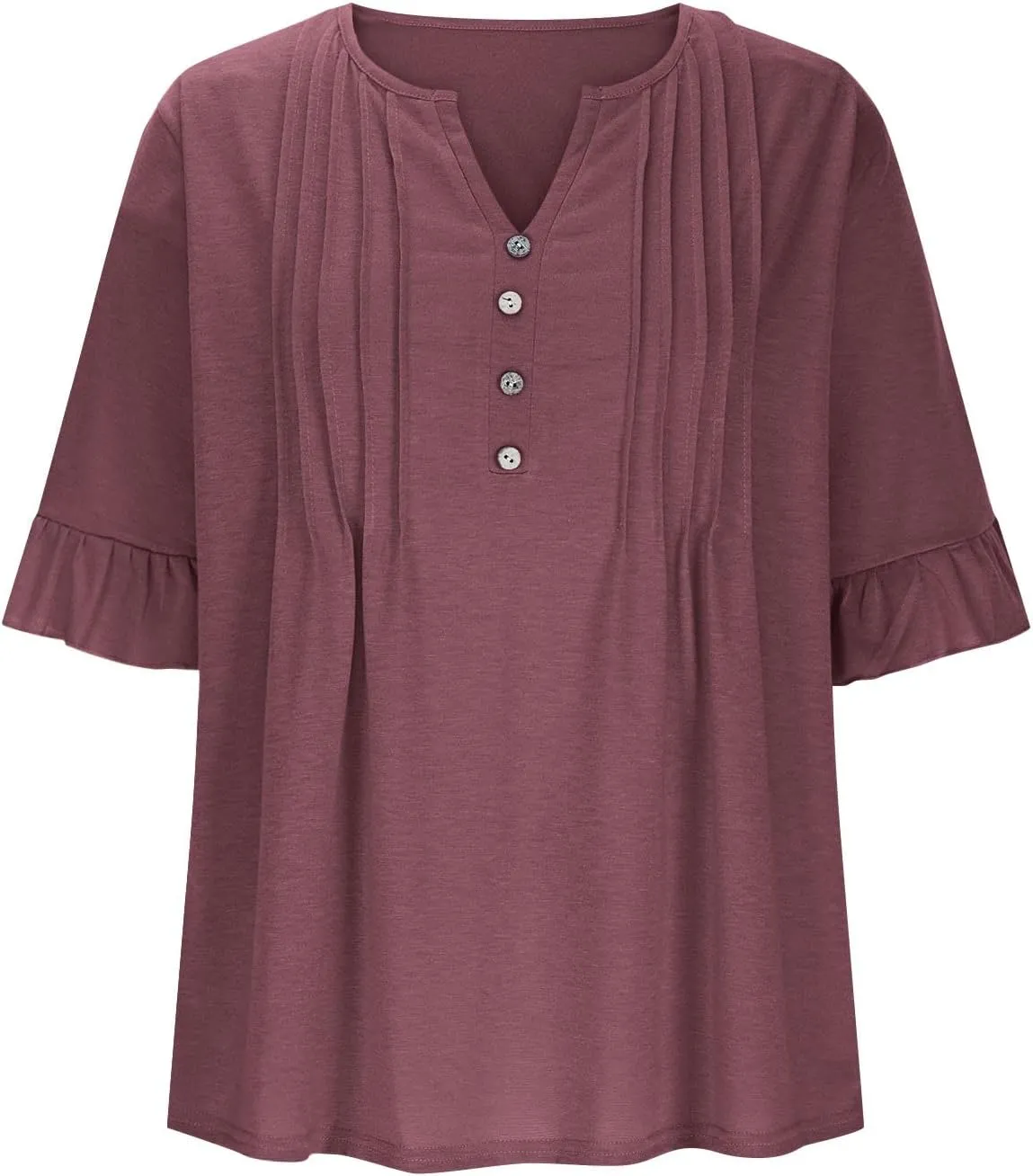 Oplxuo Womens Button Down Shirts Ruffle Short Sleeve V-Neck Pleated Front Tunic Tops Dressy Casual Work Blouses