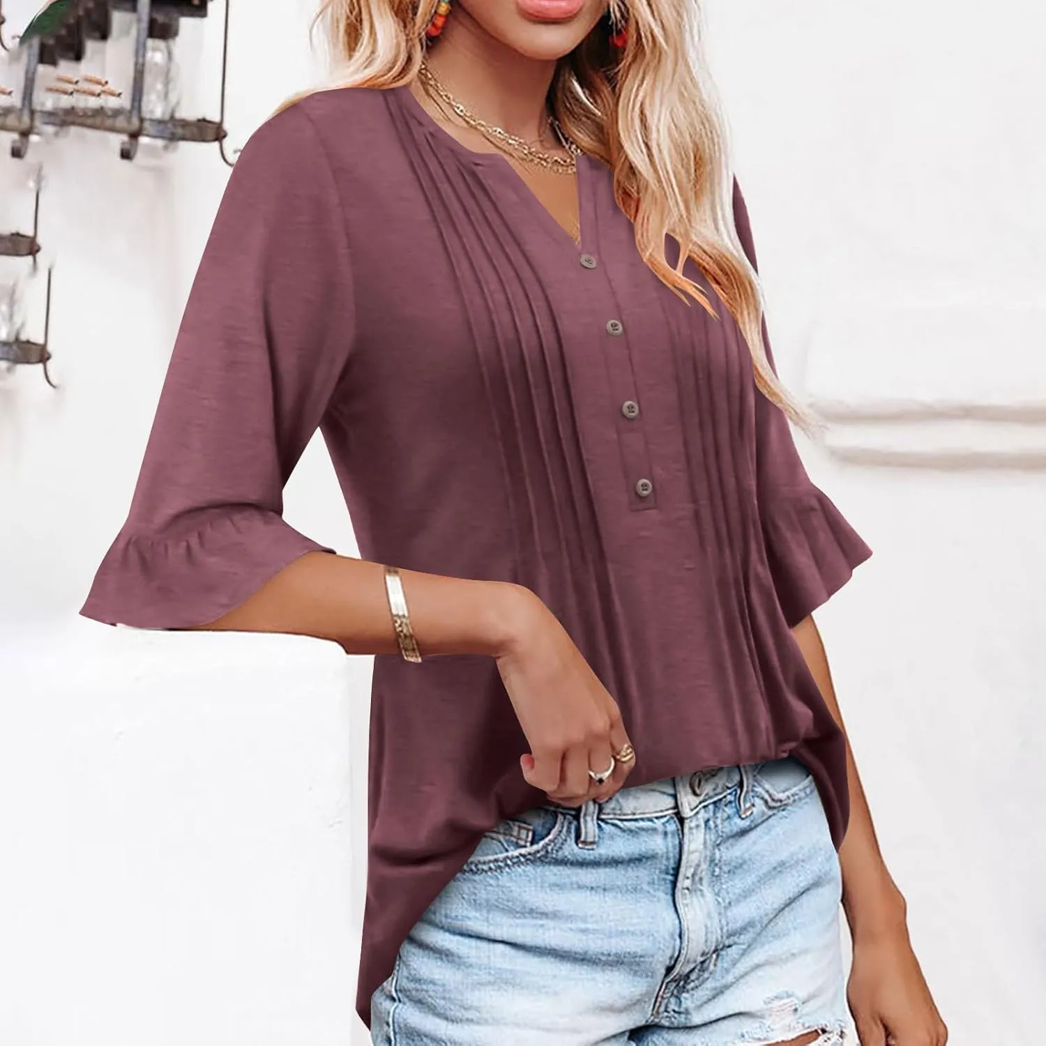 Oplxuo Womens Button Down Shirts Ruffle Short Sleeve V-Neck Pleated Front Tunic Tops Dressy Casual Work Blouses