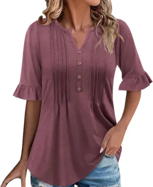 Oplxuo Womens Button Down Shirts Ruffle Short Sleeve V-Neck Pleated Front Tunic Tops Dressy Casual Work Blouses