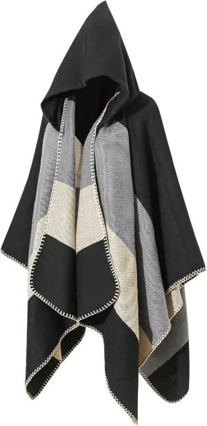 Oplxuo Women's Hooded Cloak Shawls Wraps Color Block Knit Scarf Shawl Soft Warm Poncho Cape Cardigan Sweater